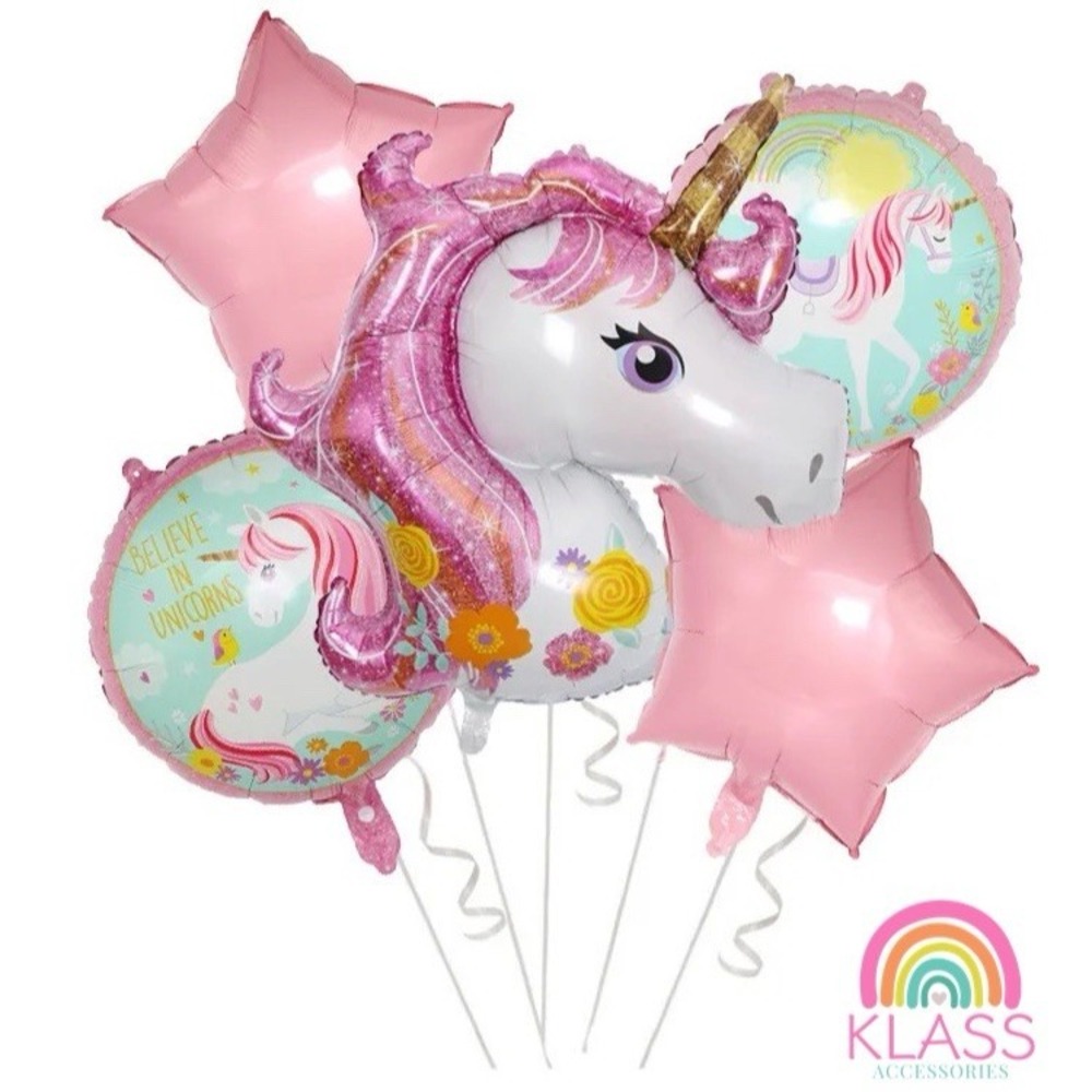 KLASS Unicorn Balloons Bouquet Girls Birthday Party Supplies 5pc Decorations